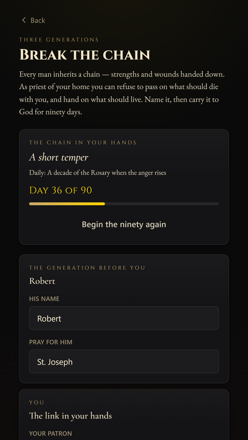 The Three-Generation Map — Break the Chain: naming a short temper as the fault to end, with a 90-day Rosary discipline tracked to Day 36.