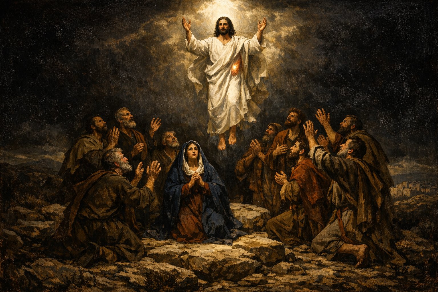 The Risen Christ ascending from the summit of the Mount of Olives in Caravaggio chiaroscuro — His glorified body luminous, the wounds of His Passion still visible as marks of light, hands raised in priestly blessing over the eleven apostles and the Theotokos below. Sacred art for Sanctum Dispatch #04, Ascension Sunday.