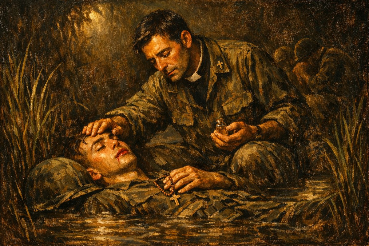 Father Vincent Capodanno, Catholic Navy chaplain, kneels in a Vietnamese rice paddy administering Last Rites to a dying Marine. Painterly Caravaggio register.