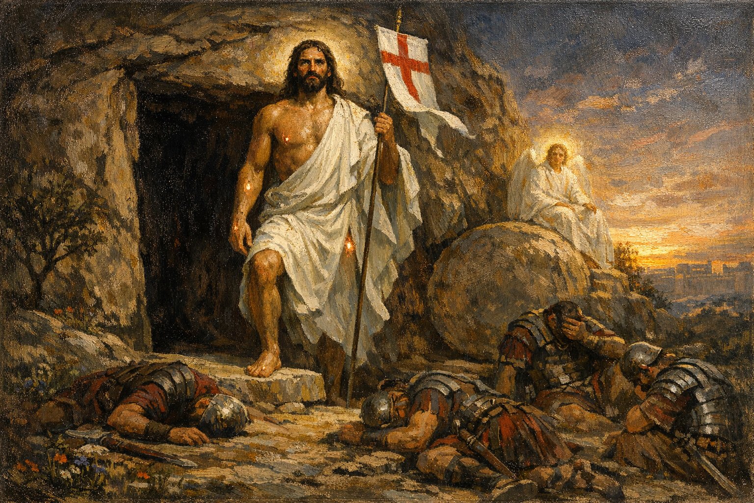 The Risen Christ stepping from the open tomb at dawn, the angel of the Lord seated on the rolled-back stone, four Roman guards fallen as dead men in the foreground, Jerusalem in the distance — sacred art for the First Glorious Mystery.