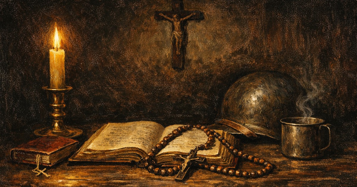 A lit candle, an open field manual with a rosary draped across the pages, a soldier's steel helmet, a tin cup, and a wooden crucifix — the Catholic man's interior life.